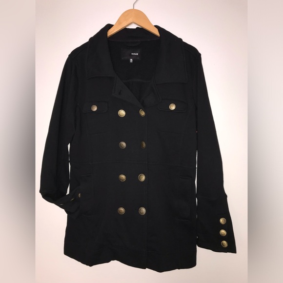 Hurley- Women Black Cotton Pea Coat - Picture 4 of 11